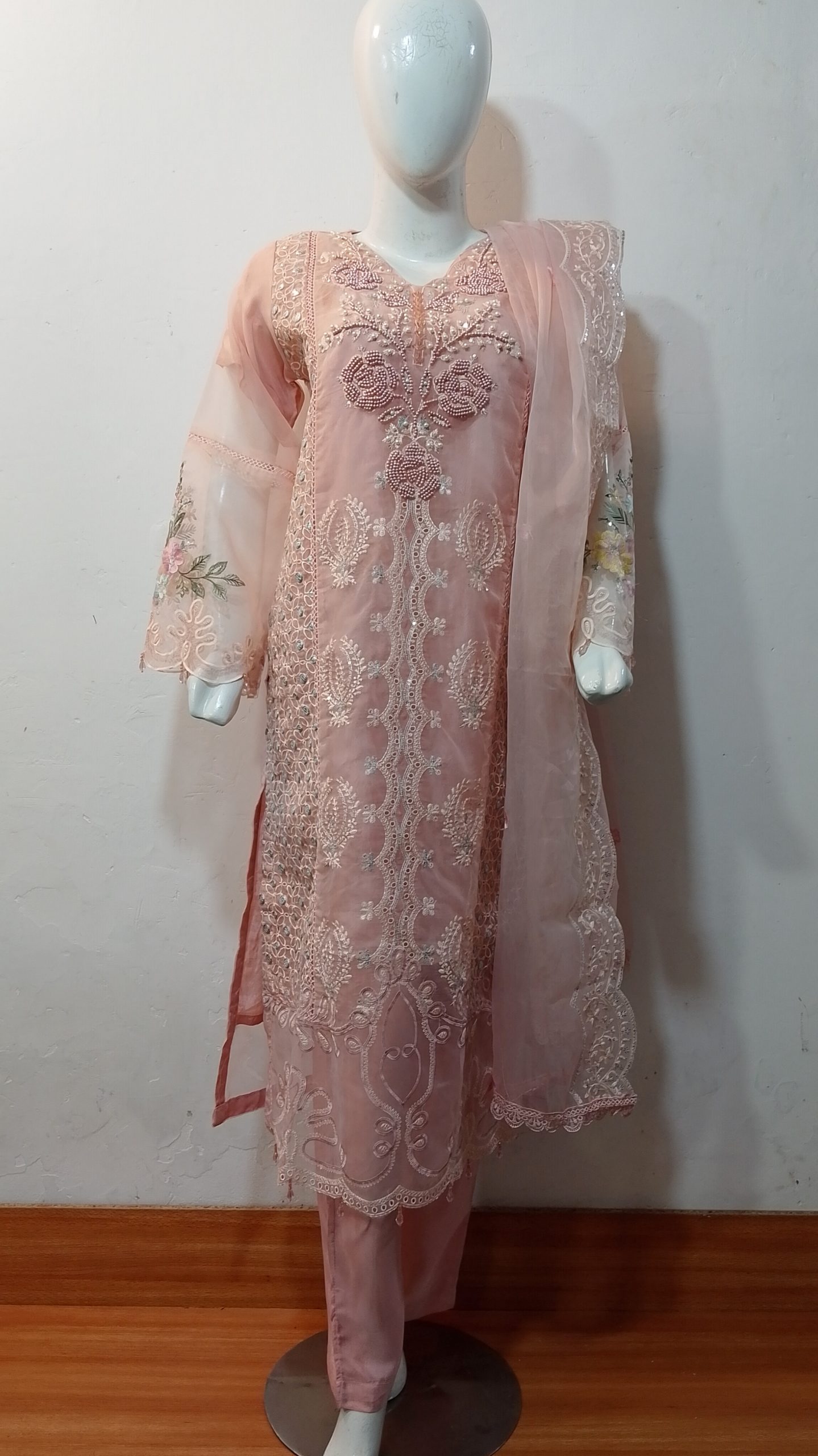 Fabric: Luxury Organza Color: Baby Pink Silk embroidery Pearl (artificial) & Beads with Hand embroidery Dupatta: Silk embroidery with Sitara work ₨ 10,500